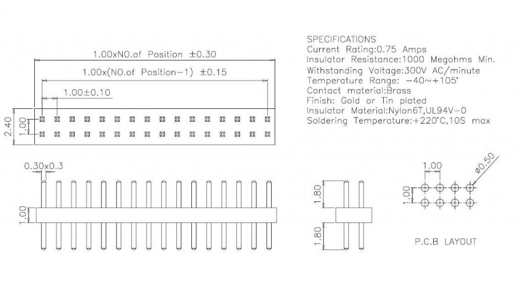 1.0mm Straight Pin Header Connectors Through hole Smolex